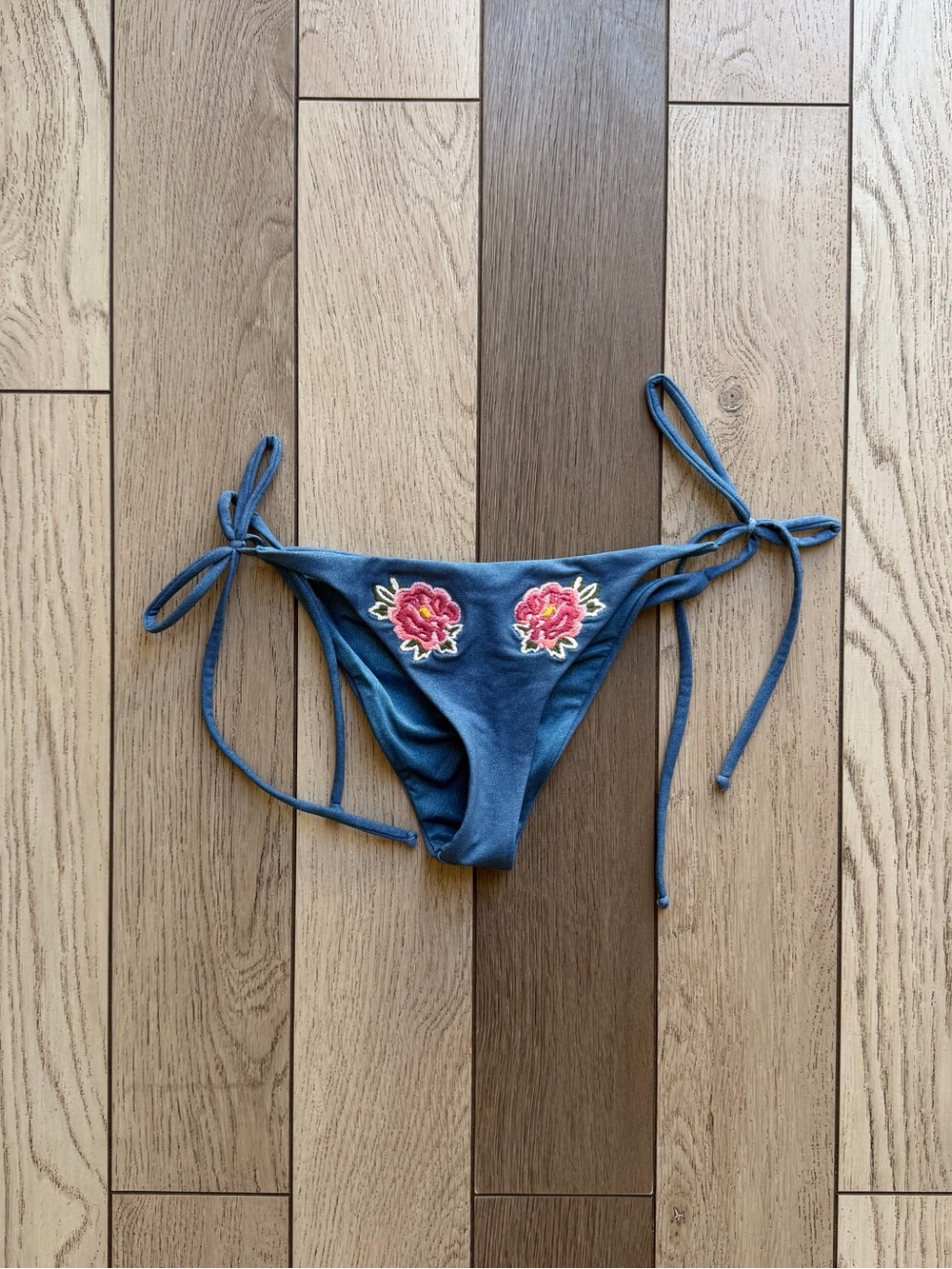 Beach Riot Blue Women's Tie-Side Bikini Bottom with Pink Floral Embroidery XS